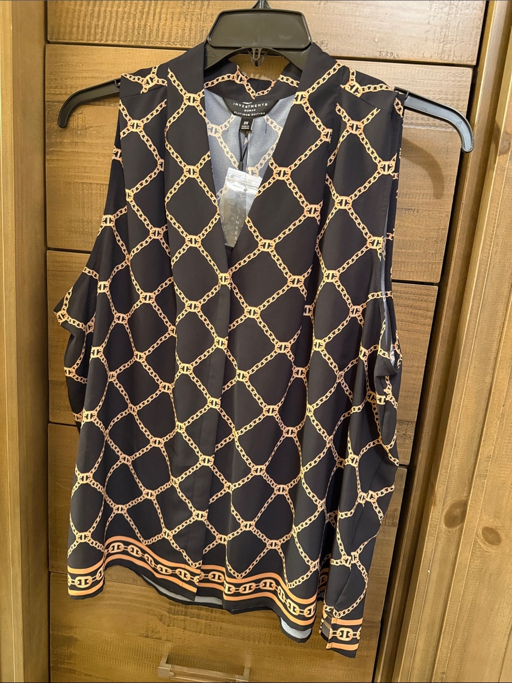 Investments Black and Gold Chain-Print Button Down Top